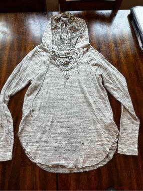 American Eagle Outfitters Soft & Sexy Light Gray Lace-Up Hooded Women's Top M
